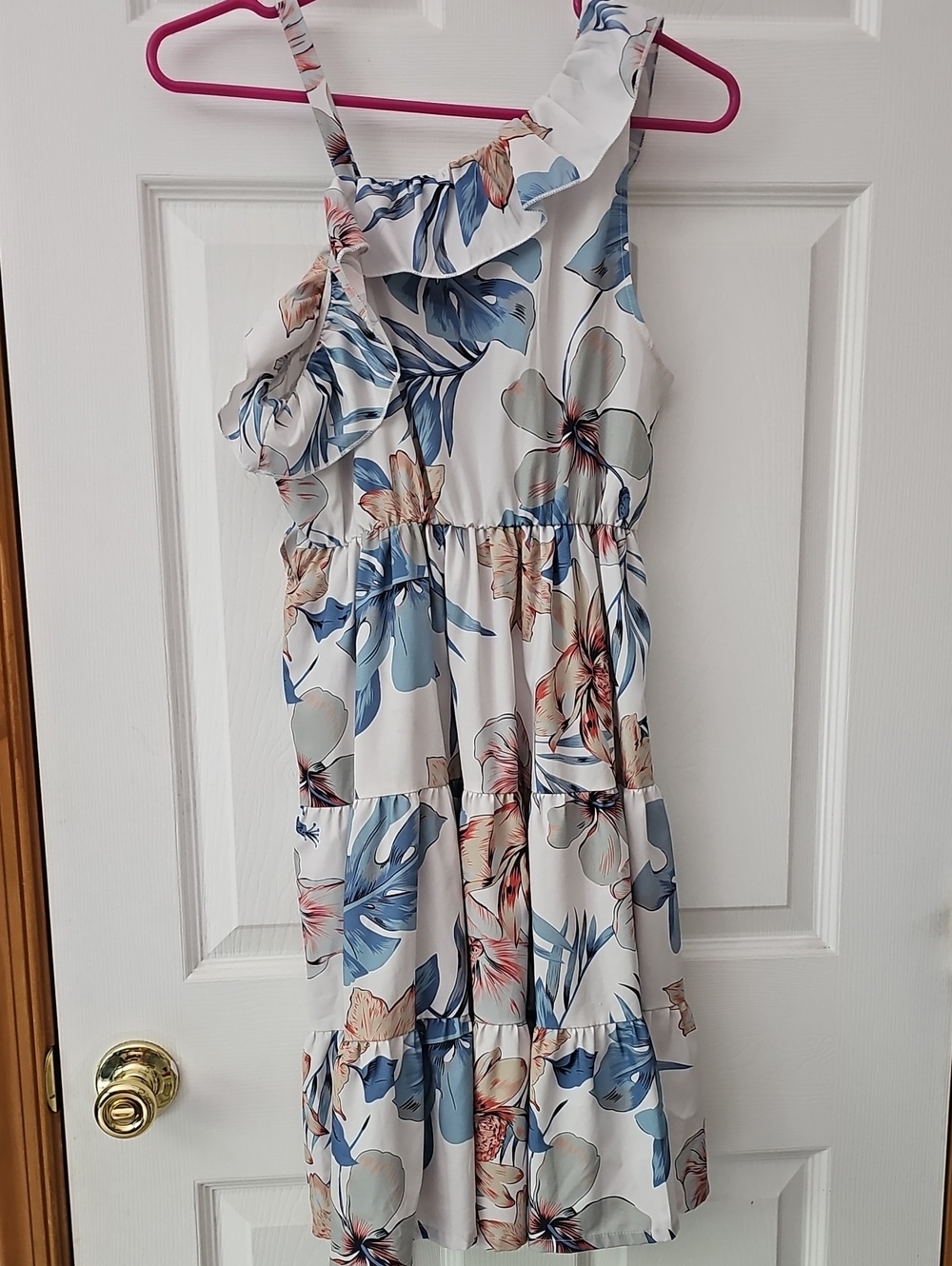 SHEIN White Floral One-Shoulder Sundress with Blue and Tan Print